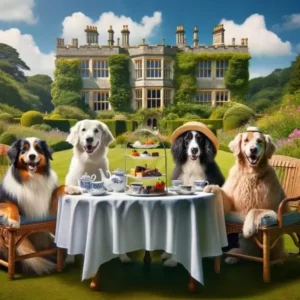 four dogs enjoying dog friendly afternoon tea in the Stanmer House