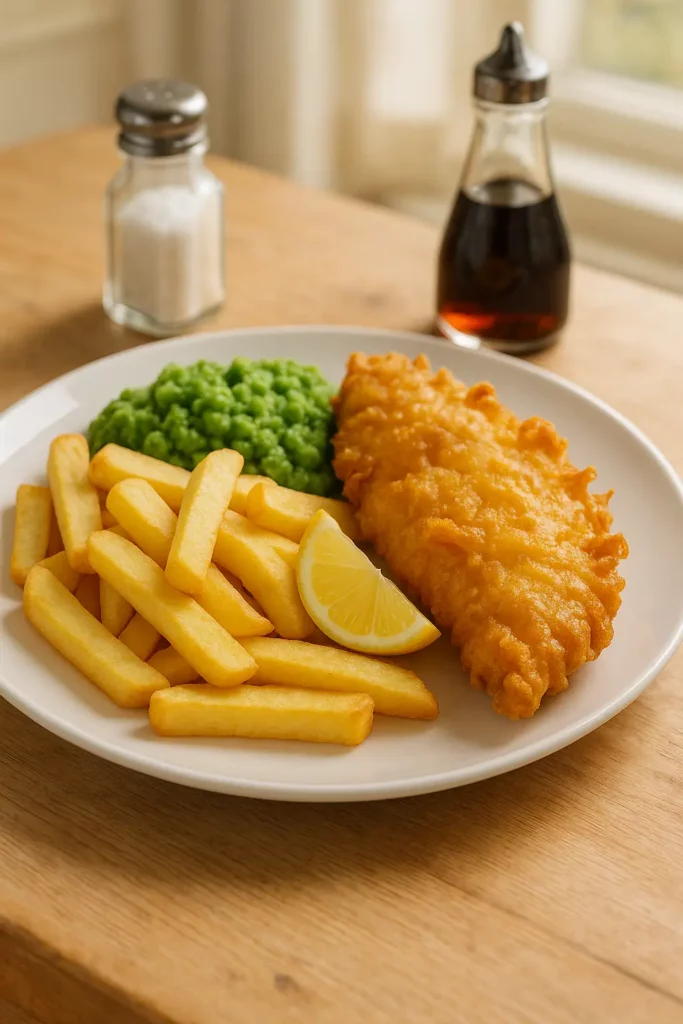 a beautiful plate of fish and chips with mushy peas