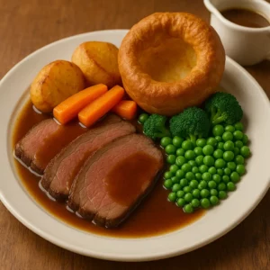 a roast beef dinner with roast potato, carrots, peas, broccoli, yorkshire pudding and gravy